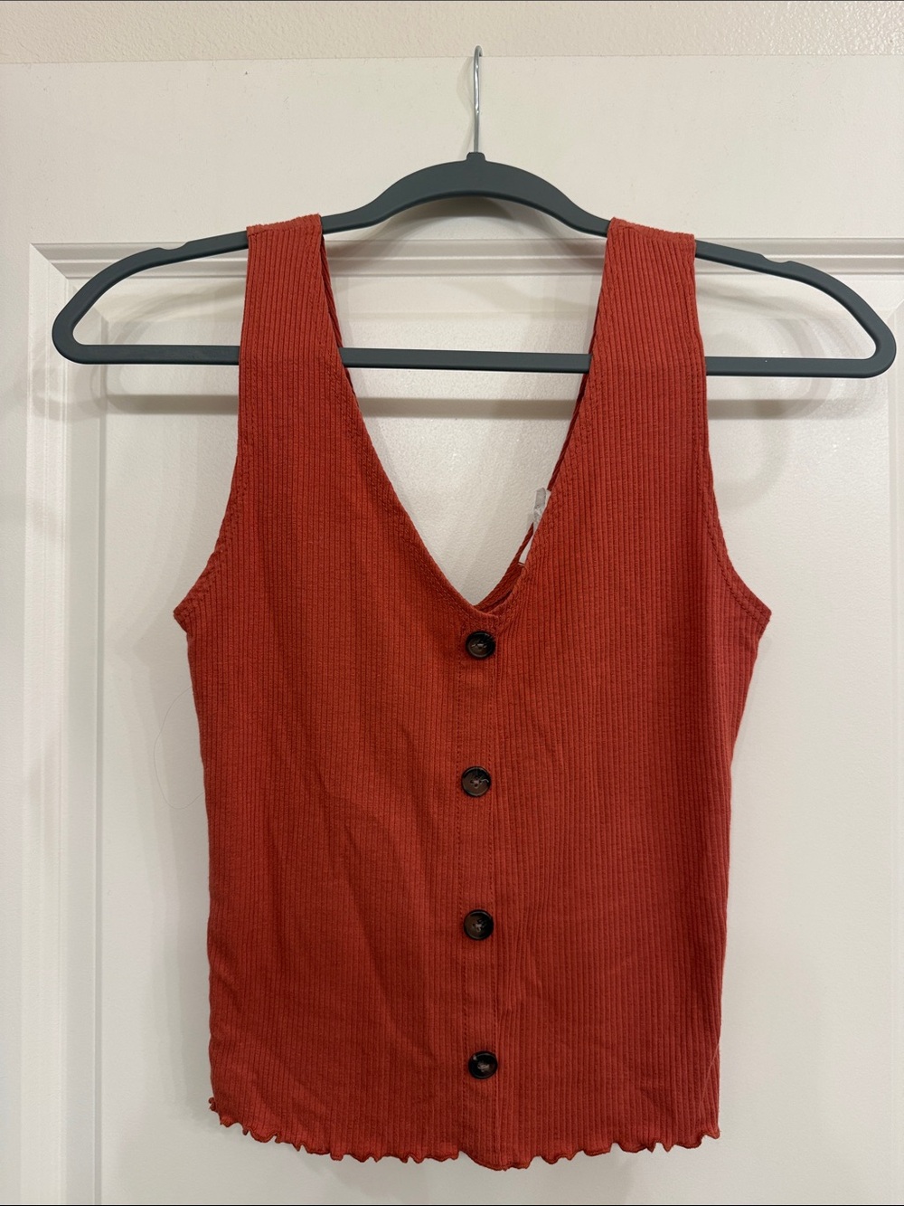 Caution To The Wind Ribbed V-Neck Button Tank - Rust